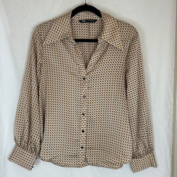 Zara Geometric Print Blouse Long Sleeve Button Down Shirt Womens Medium - Picture 1 of 12